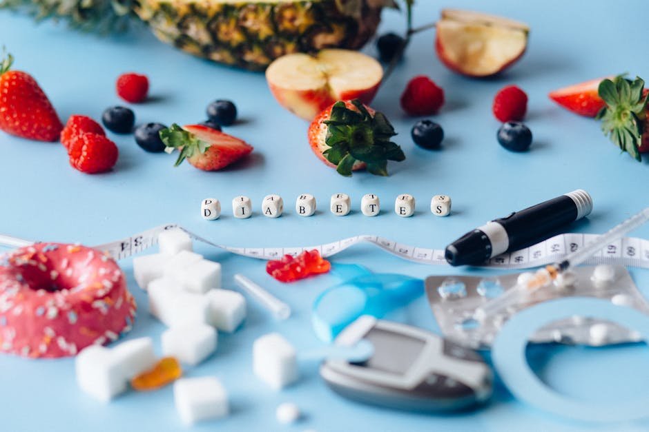 Conceptual image highlighting diabetes with healthy fruits and medical tools on a blue background.