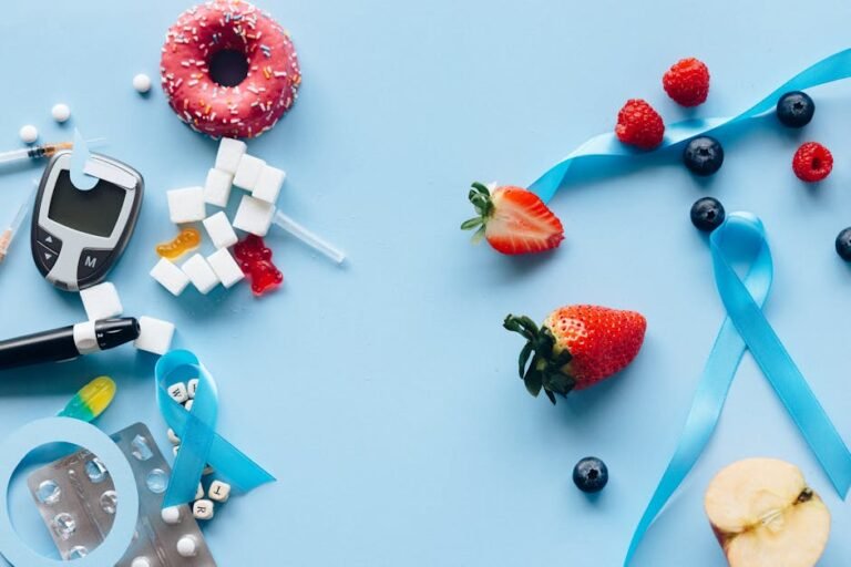 Diabetes awareness theme with fruits, sugar cubes, and glucose meter on blue background.