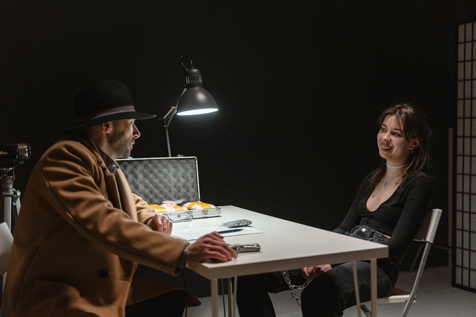 A man and woman engaged in a serious discussion at a dimly lit table.
