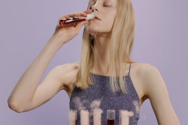 Caucasian woman in gray dress drinking from test tube with colorful liquid in a purple background.
