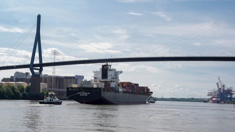 Container ship navigates beneath Köhlbrand Bridge in Hamburg, showcasing global trade in action.