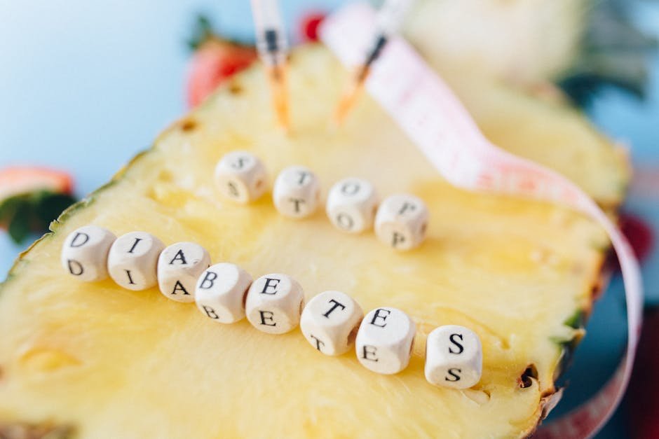Symbolic image of diabetes prevention message with pineapple and insulin syringes.